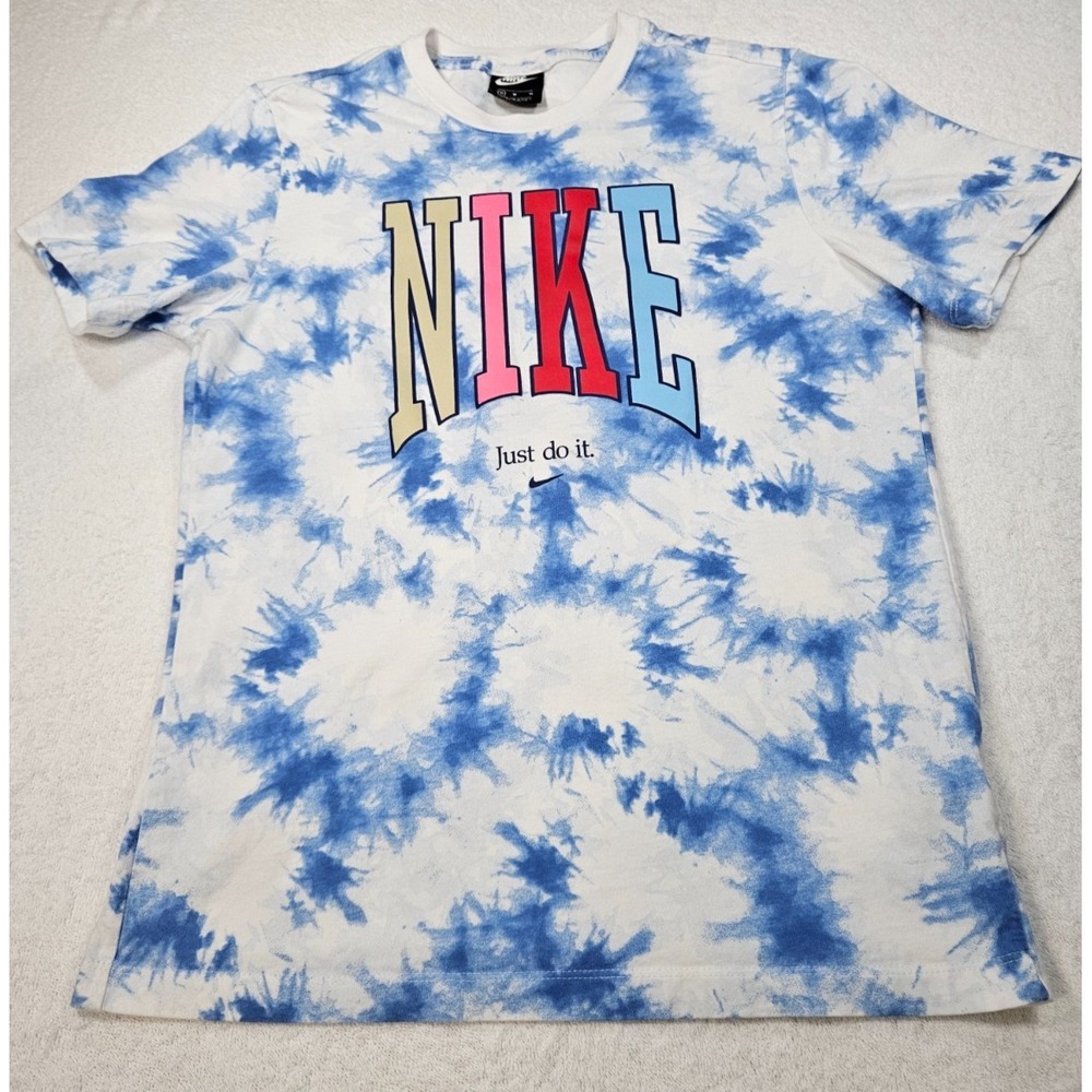 Nike Shirt Mens Medium Blue White Tie Dye Just Do It Graphic Swoosh Peace Globe
